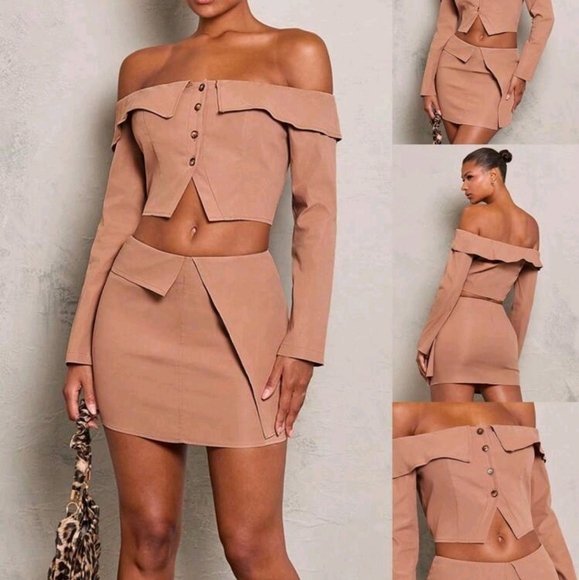 Brown Textured Woven Fold Over Detail Long Sleeve Top And Brown Textured Skirt - Picture 1 of 6